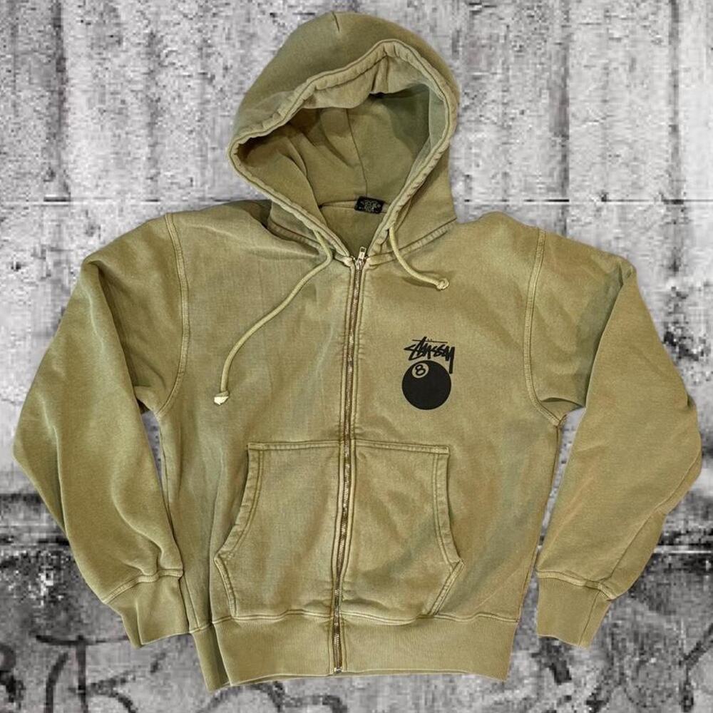 Stussy 8 Ball Pigment Dyed Zip Up Hoodie Olive Green Full Zip Men’s Medium